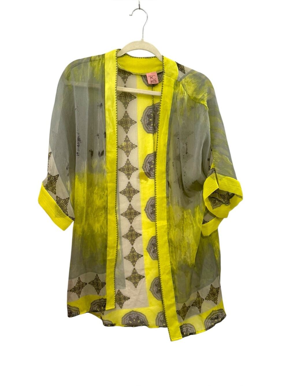Theodora & Callum OS Neon Yellow Gray Sheer Kimono Cover Up Boho